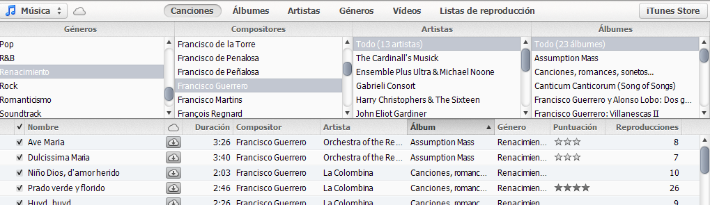 Compositores a través de Canciones en iTunes 11