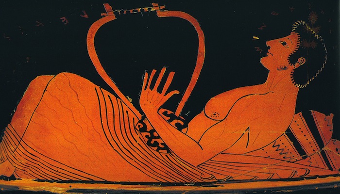 Imagen de un cuenco griego donde aparece un músico con una lira